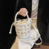 sac seau tissé en pu pour femmes, sac à bandoulière de grande capacité avec cordon de serrage, sac de transport quotidien, sac de plage d'été