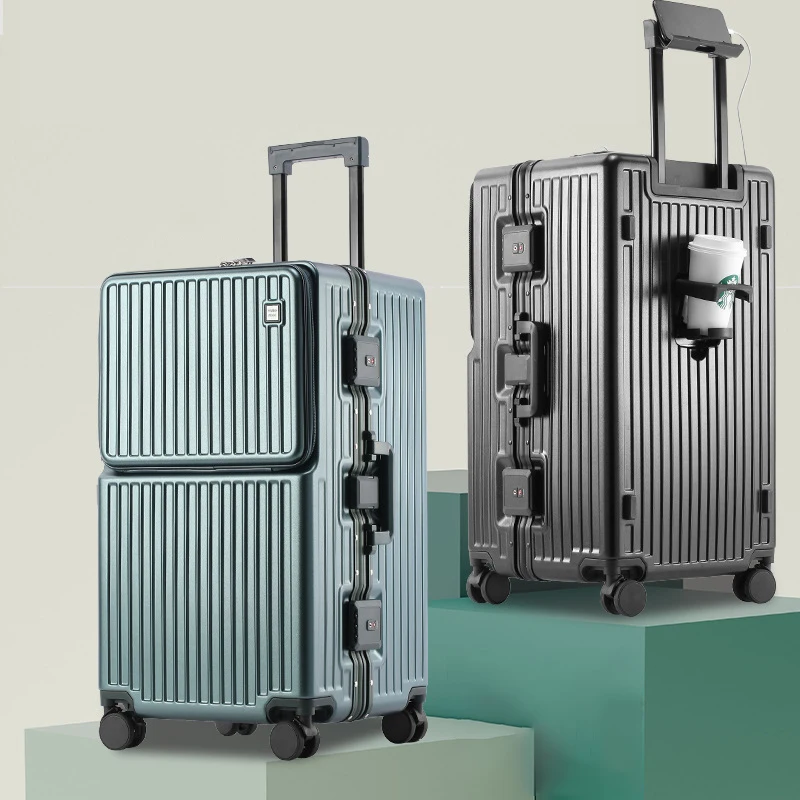 valise de voyage à roulettes avec porte gobelet, cadre en aluminium, grande capacité, 26 ", 28/32"