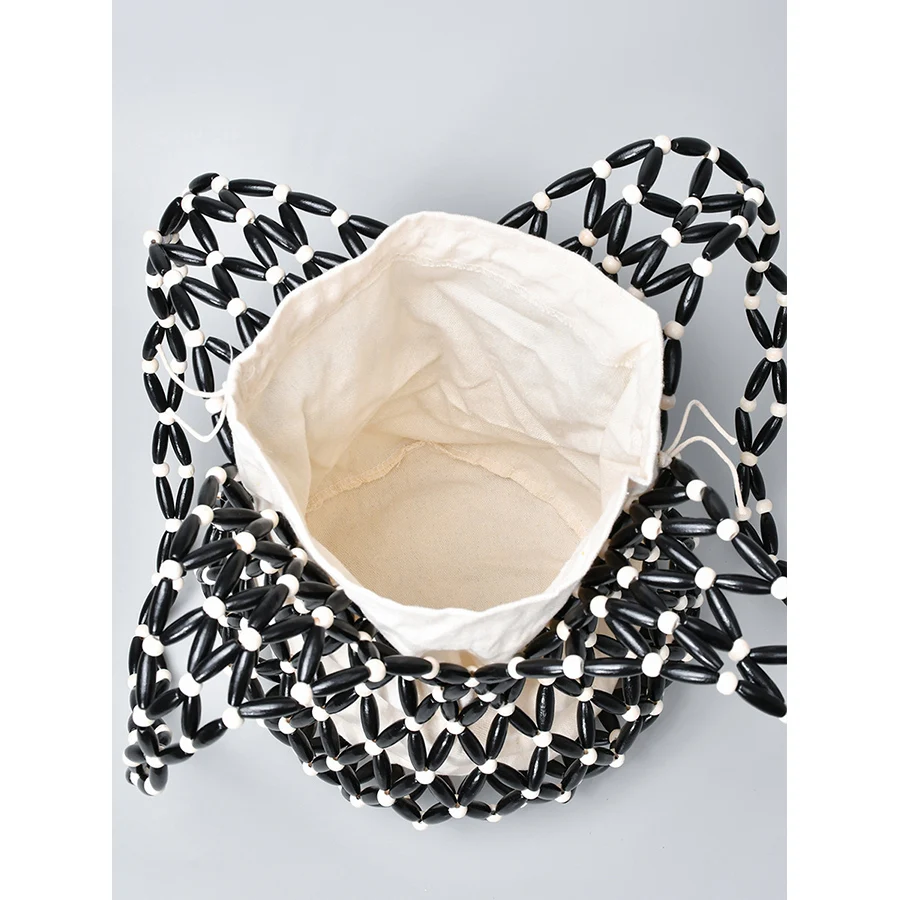 sac à main tissé pour femmes, design d'été, fourre tout en perles de bois ajourées, sac à bandoulière seau, sac à main de plage en toile filet réticulé