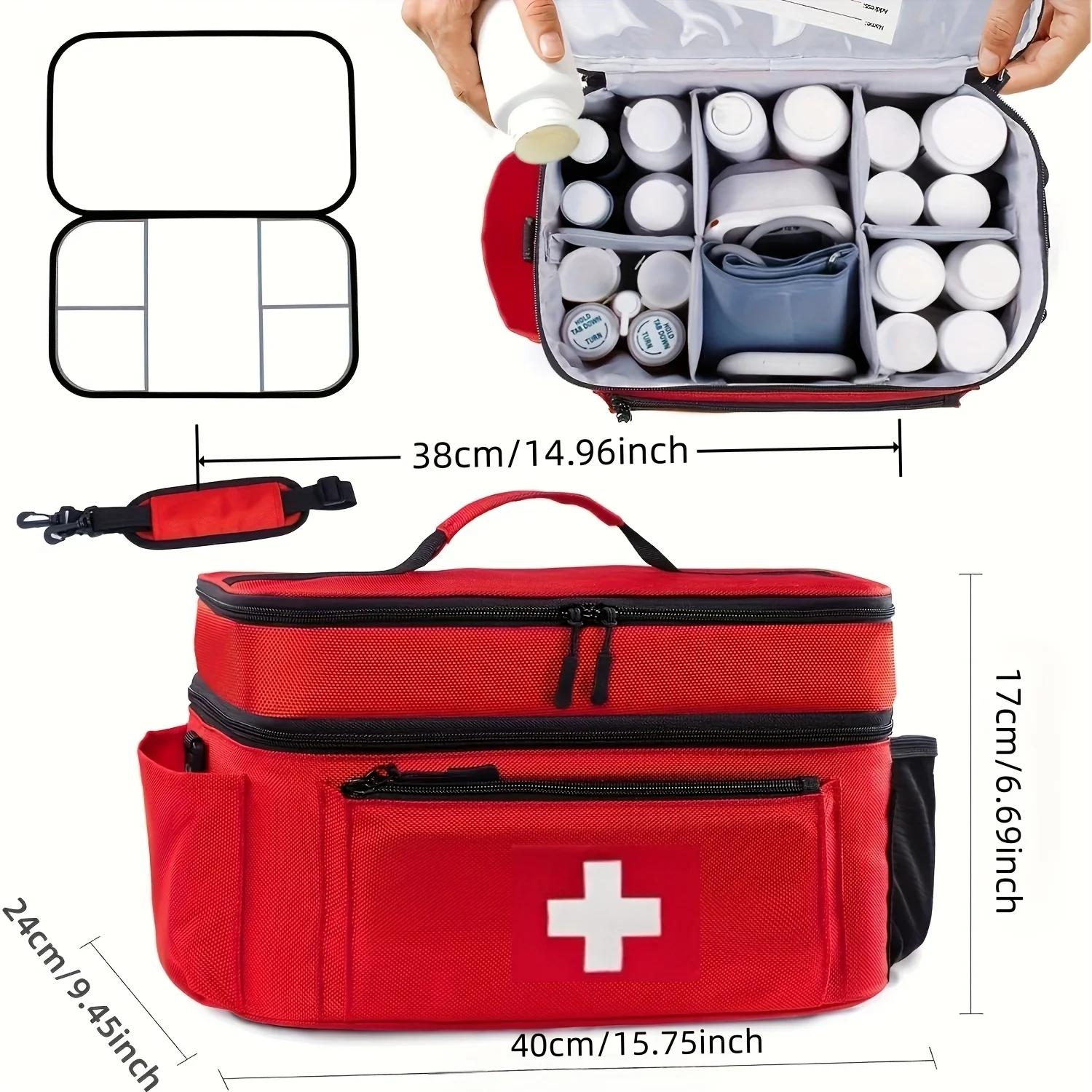 sac de rangement de médicaments de voyage de grande capacité, kit d'urgence portable, conception à double couche, pochette avant, plusieurs façons de transporter.
