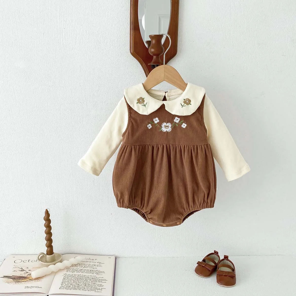 costume pour bébé, barboteuse sans manches + chemise à manches longues, body en velours côtelé brodé en cœur pour bébé fille de 1 à 3 ans