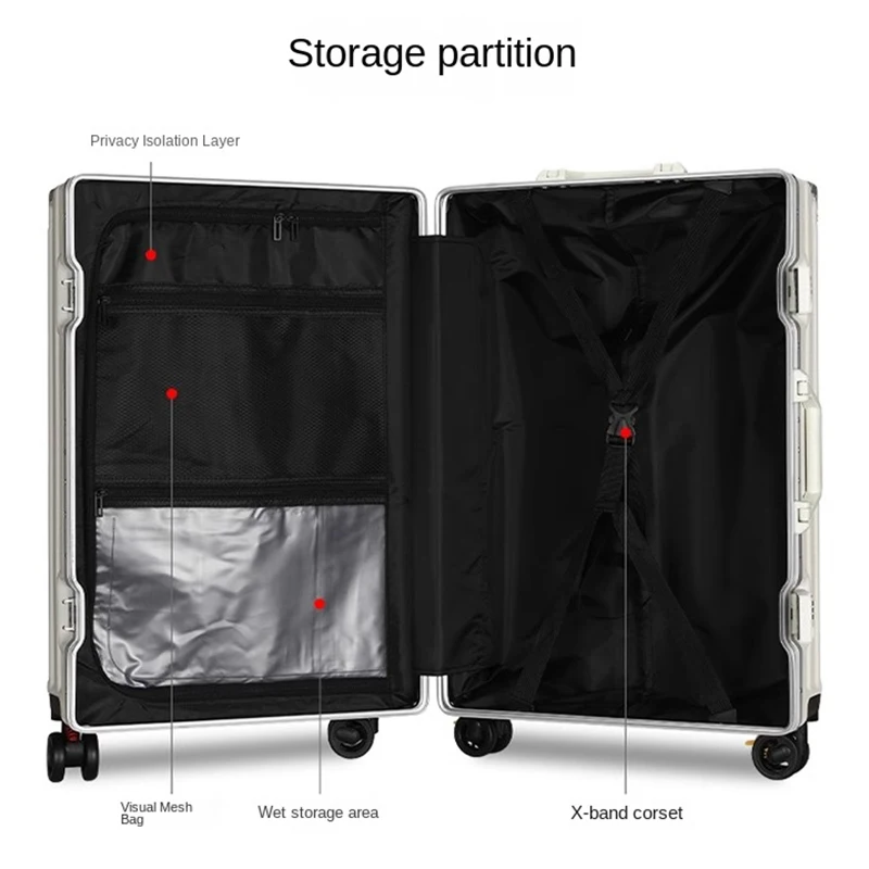 valise multifonction frein roue bagages avec chargement usb cadre en aluminium valise cabine de voyage mâle et femelle transporteur 28 pouces