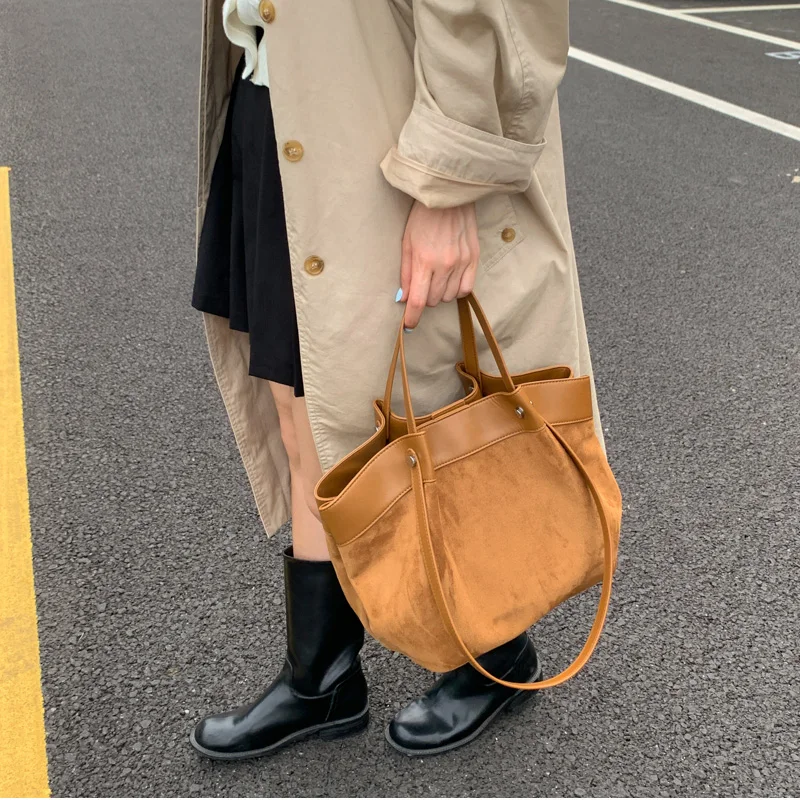 sac à main élégant en daim givré, fourre tout de grande capacité, mode européenne américaine automne/hiver, sac à bandoulière simple décontracté