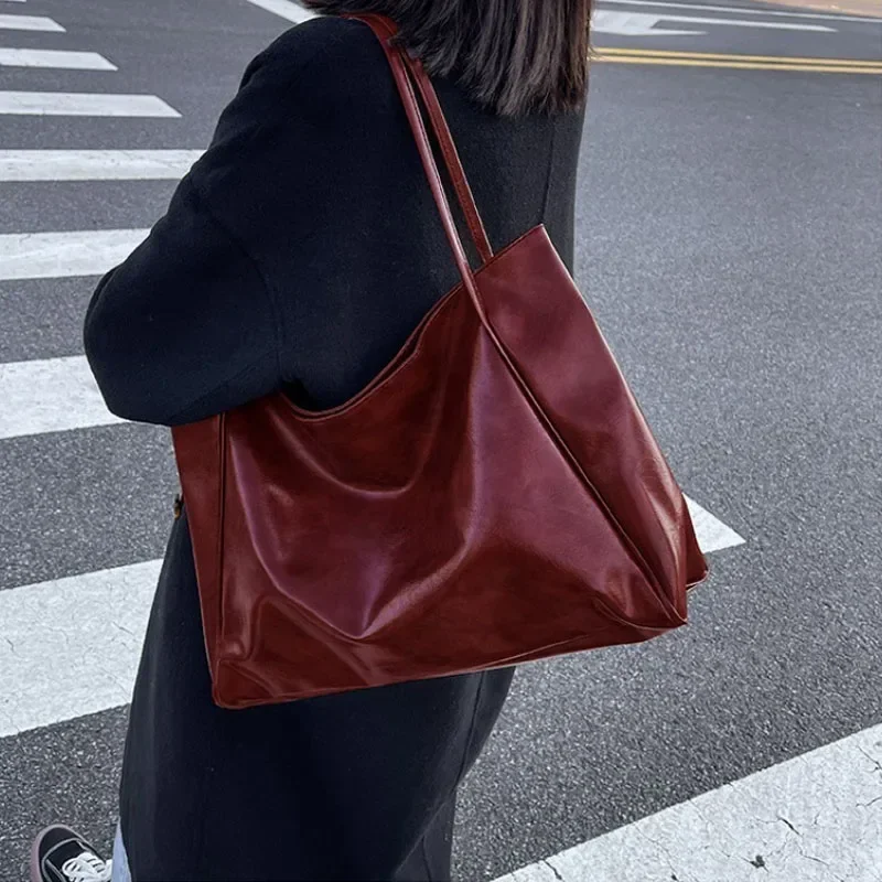 sac fourre tout en cuir pu souple pour femmes, pochette sous les bras de grande capacité, sac à bandoulière rétro décontracté, sacs seau portables