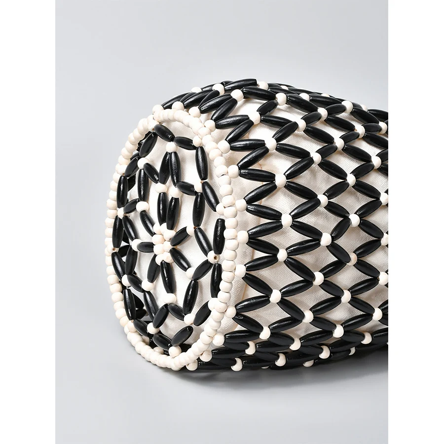 sac à main tissé pour femmes, design d'été, fourre tout en perles de bois ajourées, sac à bandoulière seau, sac à main de plage en toile filet réticulé