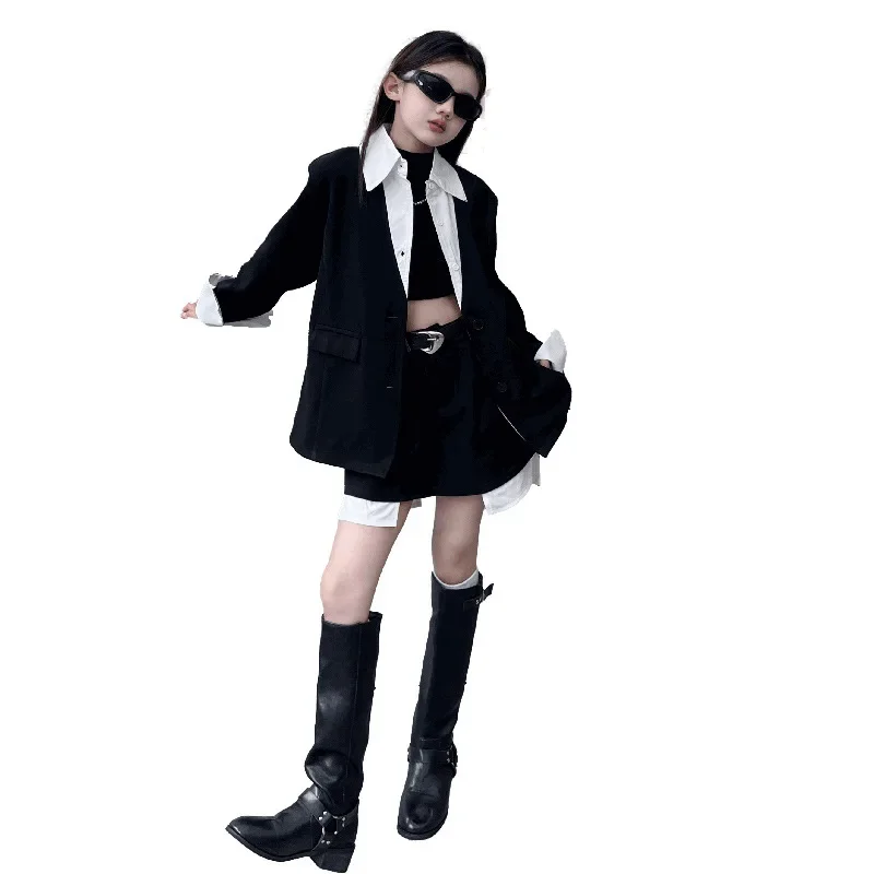 ensemble de costume design pour adolescentes, vêtements de vacances décontractés, chemise, épissage, veste, demi corps, jupe, pantalon, 2 pièces