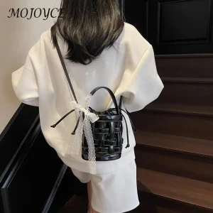 Sac seau tissé en PU pour femmes, sac à bandoulière de grande capacité avec cordon de serrage, sac de transport quotidien, sac de plage d’été Sac seau tissé en PU pour femmes, sac à bandoulière de grande capacité avec cordon de serrage, sac de transport quotidien, sac de plage d’été