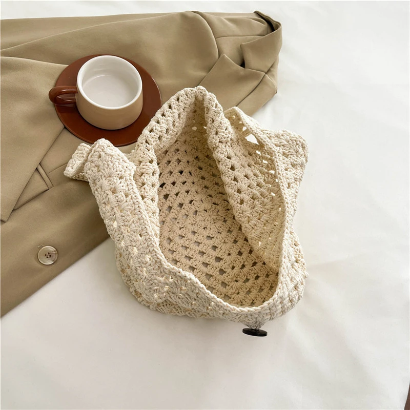 sac à main tricoté à la main pour femmes, sac à bandoulière simple kaki beige bohème, réutilisable, style japonais, sac de voyage décontracté