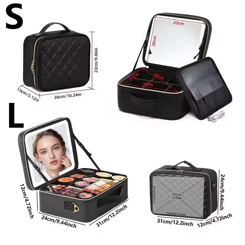 trousse de maquillage professionnelle de voyage pour femmes, grande taille, avec miroir, 3 lumières led colorées, trousse de maquillage pour femmes, étui de train cosmétique, boîte de beauté