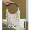 sac à main en coquillage fait à la main, sac seau tissé avec poignée en bois, pompon brodé hobo, pochette de soirée à bandoulière
