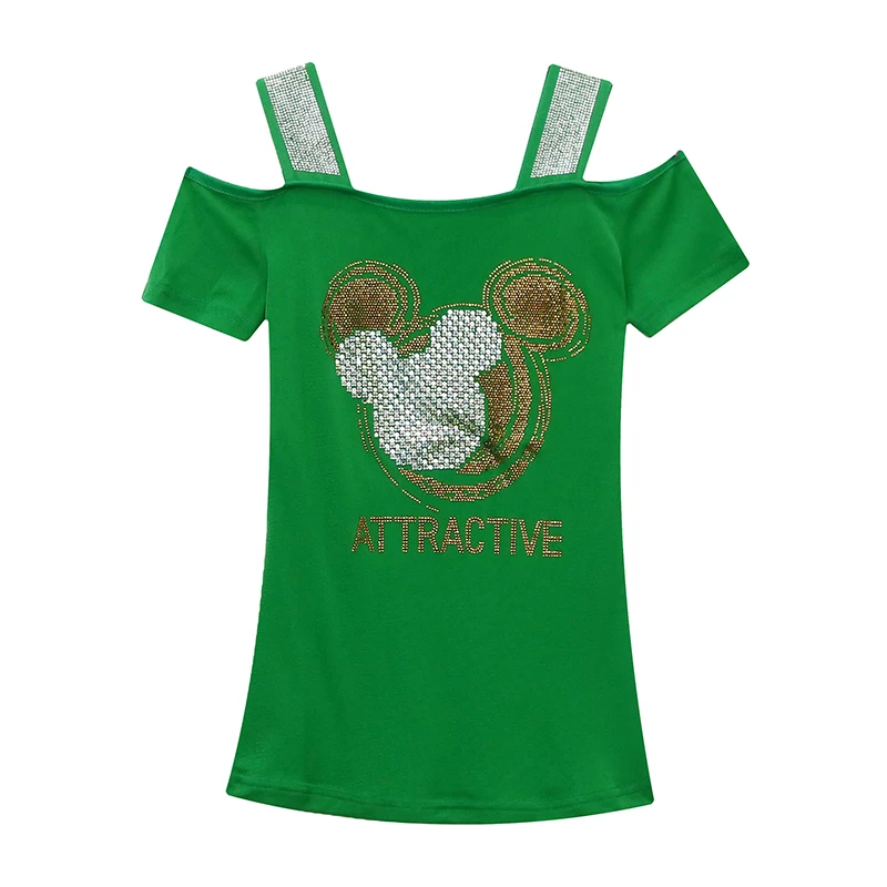 m 3xl taille été mode dessin animé design sexy épaules nues diamants brillants t shirt femmes chic dames t shirts hauts blouse