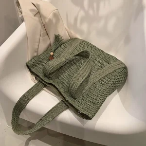 Sacs à main tissés à la main, sacs d&rsquo;été à poignée supérieure, faits à la main, simples, grande capacité avec pendentif pompon, fourre-tout décontracté