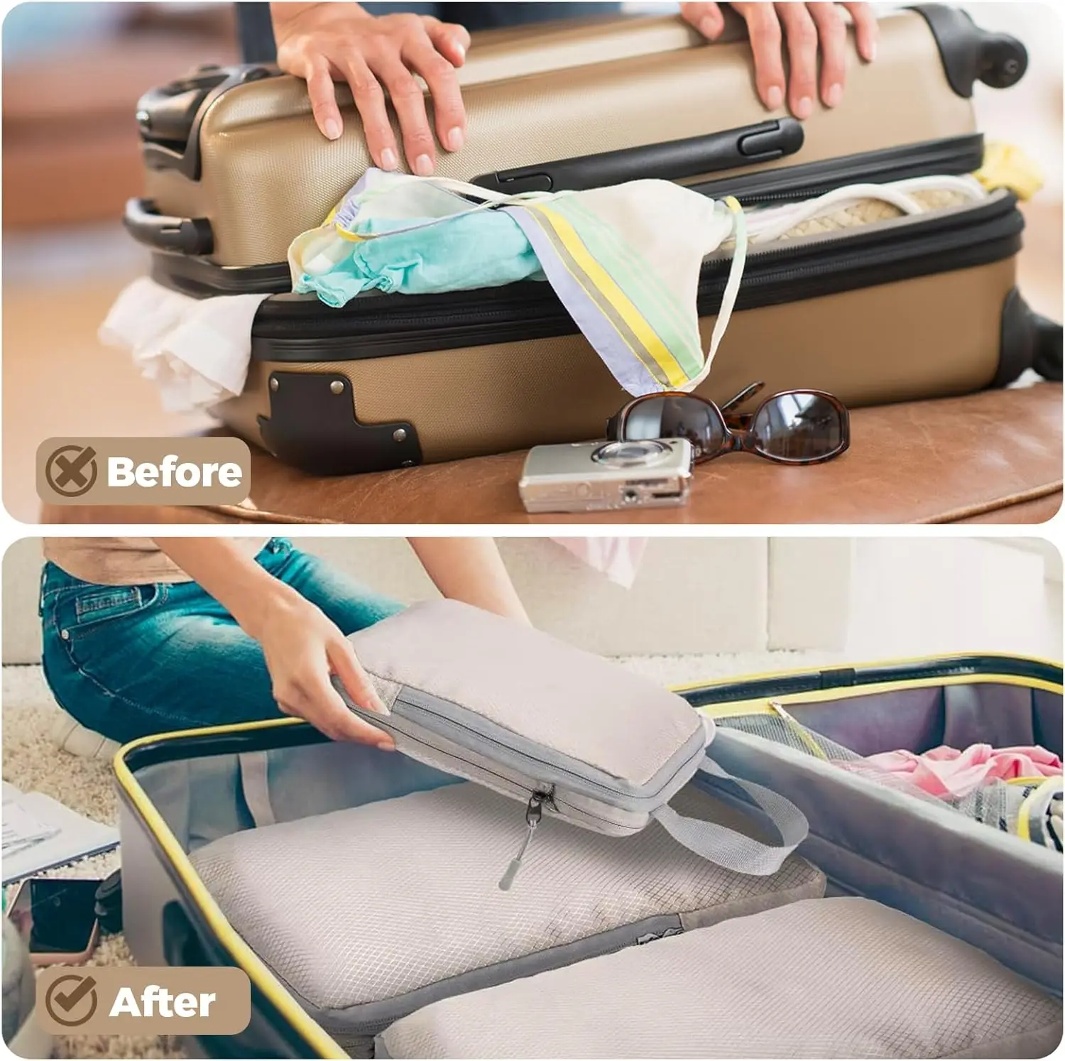 4 ensembles de cubes d'emballage à compression extensibles pour valise, ensemble de sacs de rangement de bagages peu encombrants, essentiels de voyage légers
