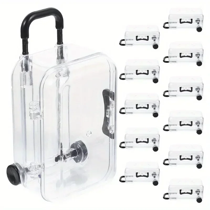 Mini boîtes de rangement de valise en plastique Transparent, 12 pièces, avec roues rétractables, organisateur de collations de bijoux Mini boîtes de rangement de valise en plastique Transparent, 12 pièces, avec roues rétractables, organisateur de collations de bijoux