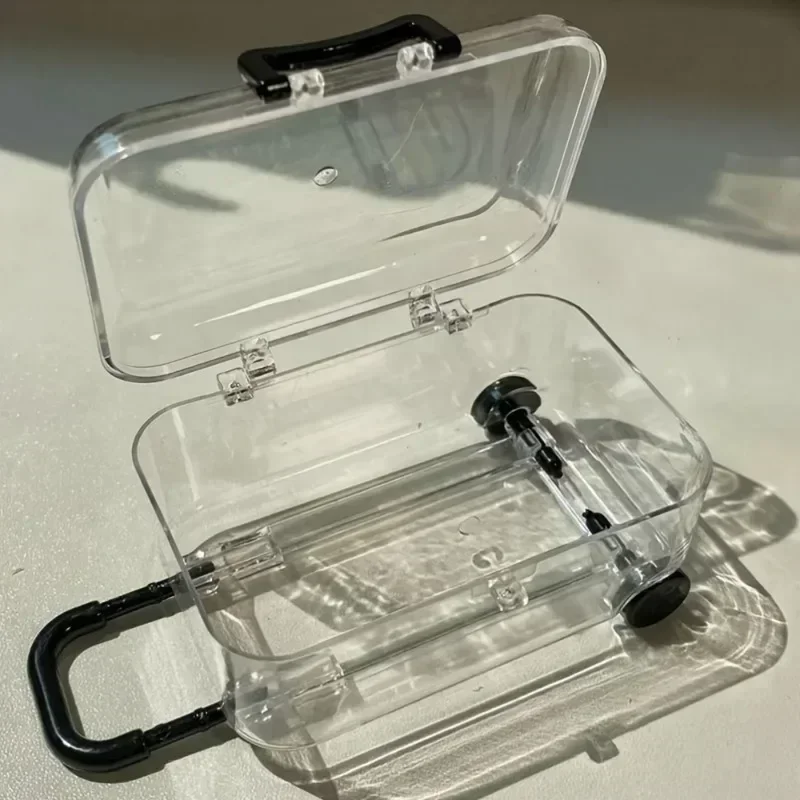 mini boîtes de rangement de valise en plastique transparent, 12 pièces, avec roues rétractables, organisateur de collations de bijoux