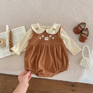 Costume pour bébé, barboteuse sans manches + chemise à manches longues, body en velours côtelé brodé en cœur pour bébé fille de 1 à 3 ans