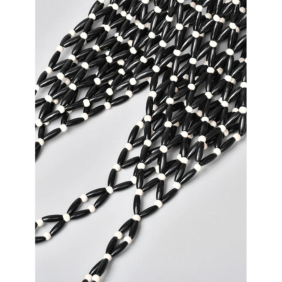 sac à main tissé pour femmes, design d'été, fourre tout en perles de bois ajourées, sac à bandoulière seau, sac à main de plage en toile filet réticulé