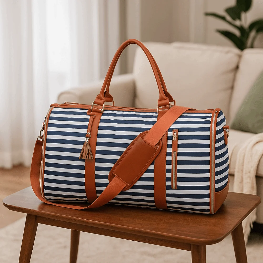 sac de voyage rayé à bandoulière de grande capacité, sac de sport pliable convertible en matériau pu, sac de costume pliable extensible de voyage