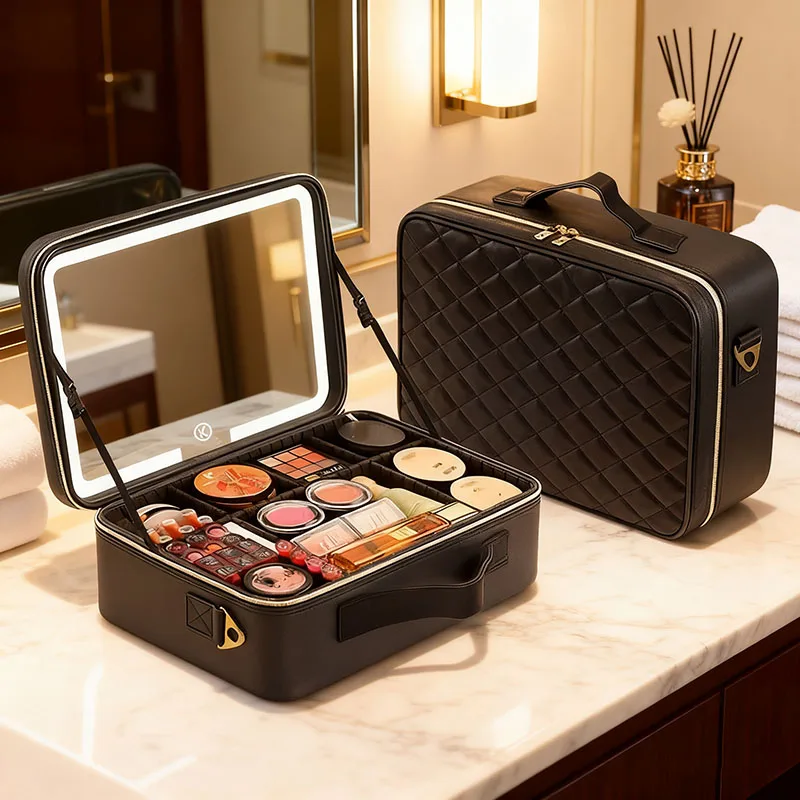 trousse de maquillage professionnelle de voyage pour femmes, grande taille, avec miroir, 3 lumières led colorées, trousse de maquillage pour femmes, étui de train cosmétique, boîte de beauté