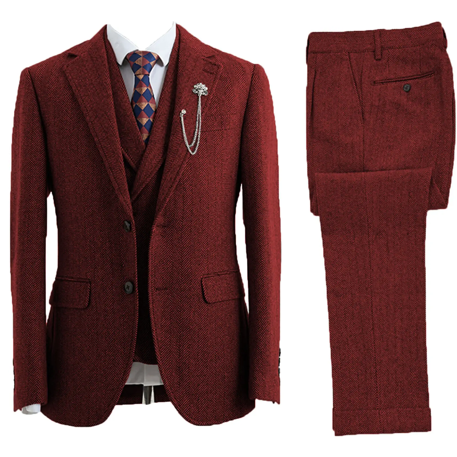 tuxedos croisés à chevrons en tweed trempé pour hommes, vêtements de mariage, 3 pièces, taille