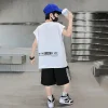 costume d'été pour enfants de 3 à 14 ans, t shirt sans manches + short en coton, ensemble de vêtements deux pièces, tenues de survêtement à la mode pour enfants