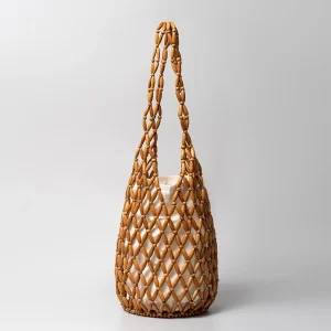 Sac à main tissé pour femmes, Design d&rsquo;été, fourre-tout en perles de bois ajourées, sac seau à bandoulière en toile filet réticulé, sac à main de plage