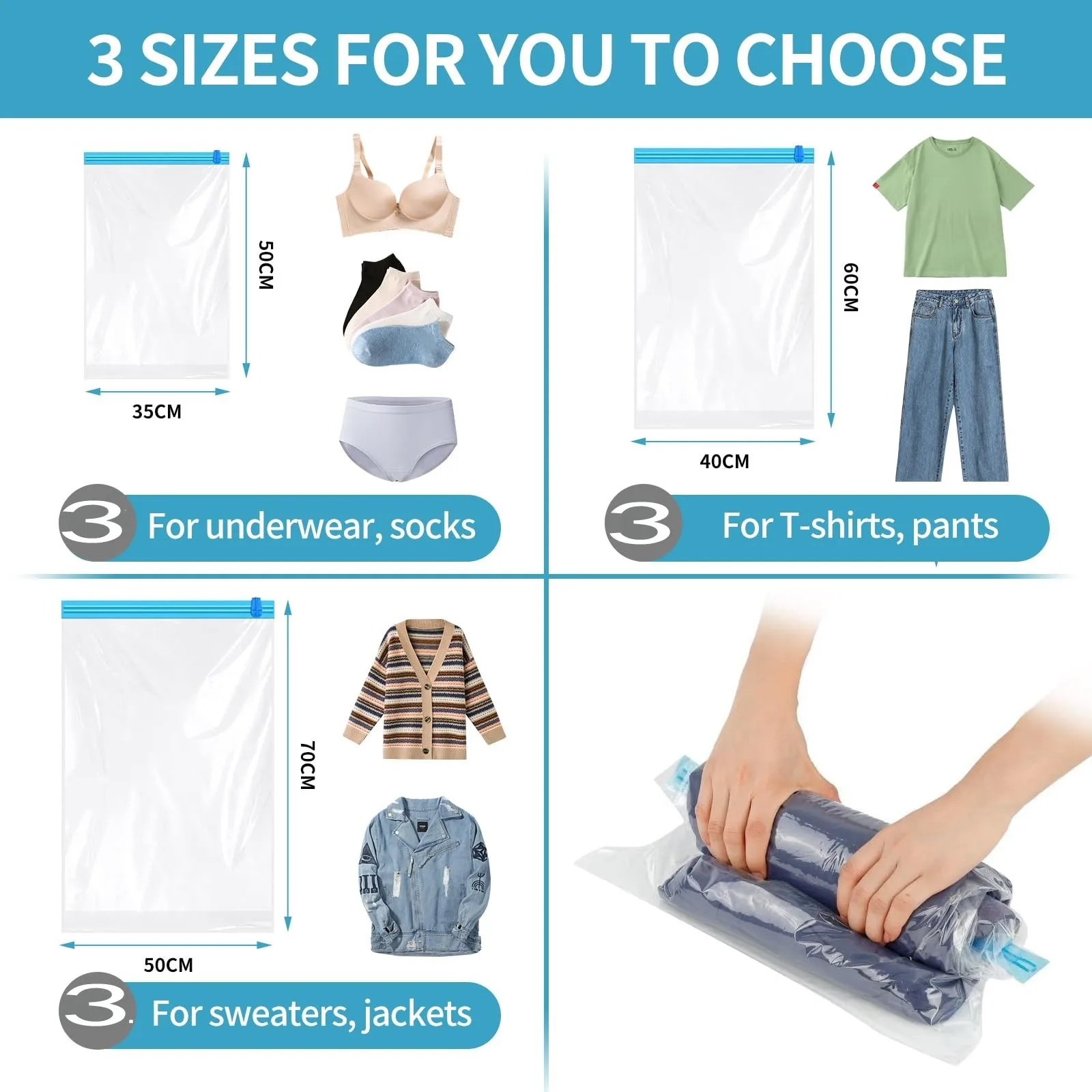 sacs de rangement sous vide de plusieurs tailles, rouleau à main, sacs durables permettant de gagner de l'espace pour vêtements, accessoires de voyage, organisateur de valise