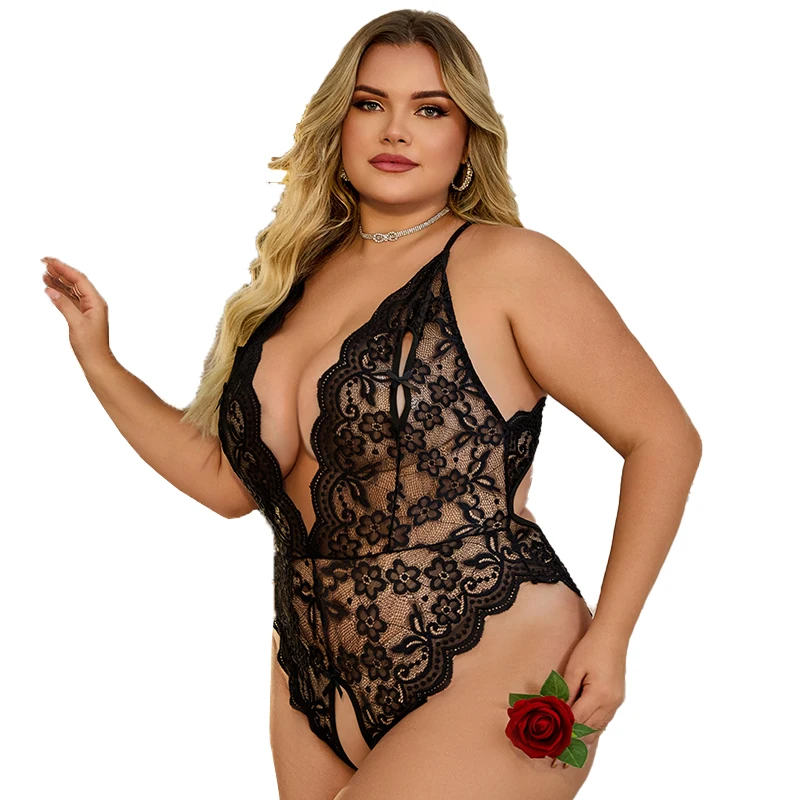 body en dentelle sans entrejambe pour femmes, lingerie d'été sexy, transparente, fétiche, robe de nuit, grande taille, vêtements attrayants, xl 4xl