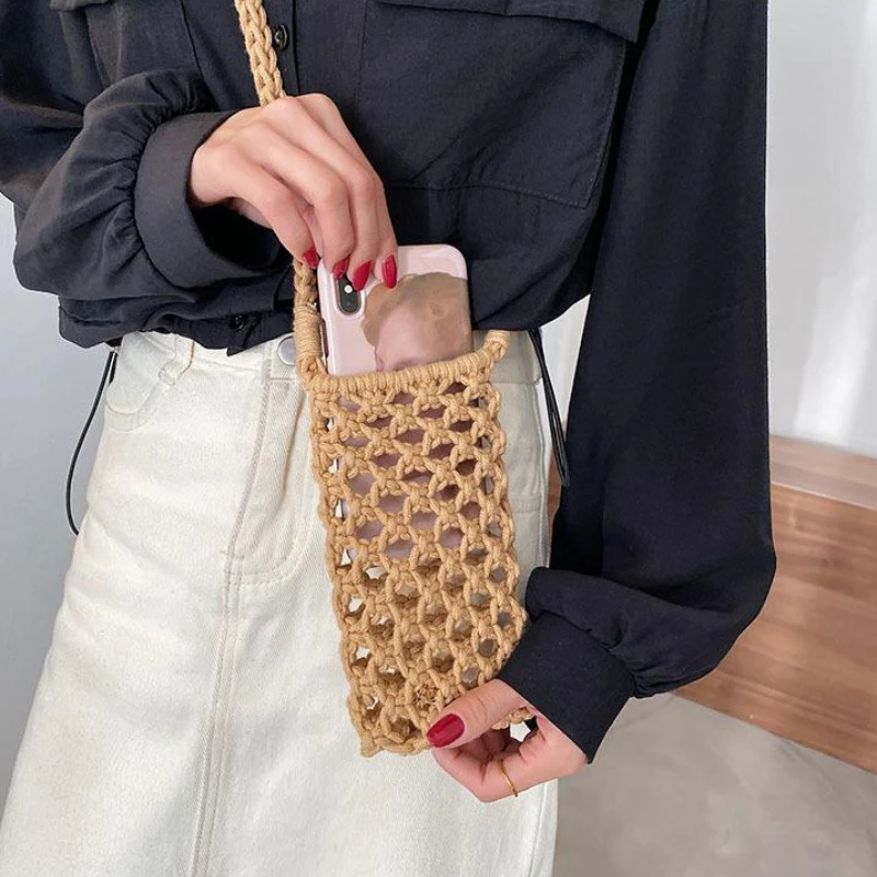 petit sac à bandoulière pour téléphone pour femmes, couleur unie, tissé ajouré au crochet, léger tressé, sac à main à bandoulière