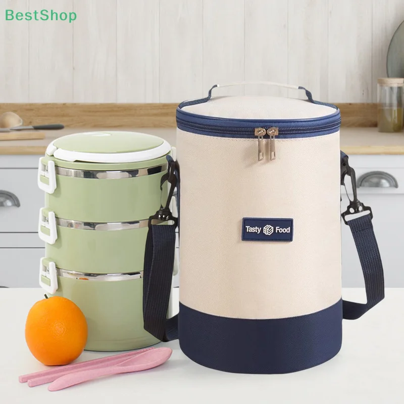 ♥ ♥ ♥ le sac isolé cylindrique a des bretelles, le sac rond multicouche de boîte à déjeuner, le sac à bento portatif et à bandoulière