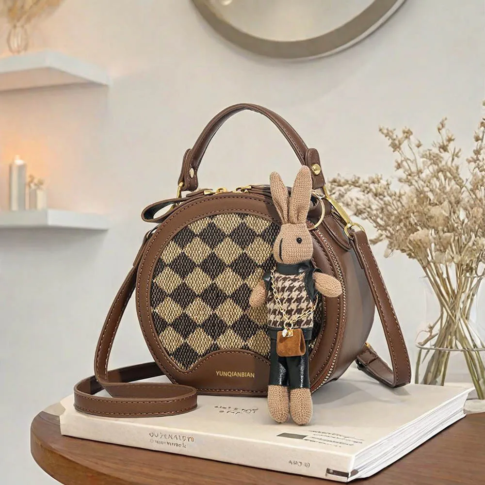 sac à main à bandoulière tendance à motif à carreaux de styliste chic, style décontracté, pu, forme ronde avec sangle réglable