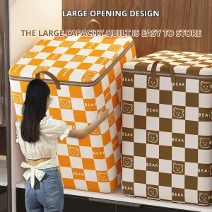 Sac de rangement de couette Portable de grande capacité, 1 pièce, sac de rangement de vêtements à motif d&rsquo;ours mignon à carreaux, sac de rangement parfait pour le déplacement de la maison
