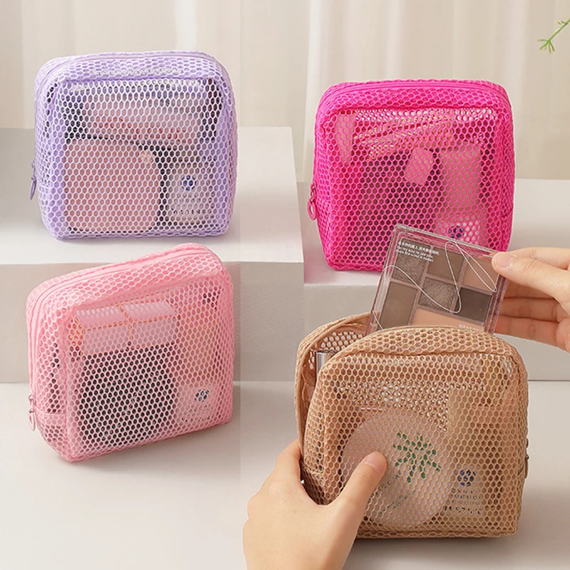 Sac à cosmétiques en maille carrée portable, sac de rangement cosmétique pour rouge à lèvres avec fermeture éclair, sac de rangement personnalisé polyvalent, étui étudiant mignon Sac à cosmétiques en maille carrée portable, sac de rangement cosmétique pour rouge à lèvres avec fermeture éclair, sac de rangement personnalisé polyvalent, étui étudiant mignon