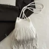 sac seau à pompons élégant rétro, grande capacité, sac en pu avec cordon de serrage, bouton magnétique, texture kaki, pochette à bandoulière pour shopping