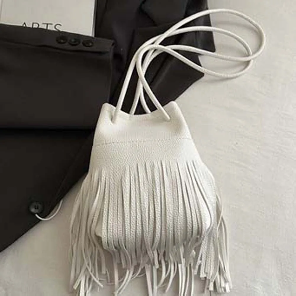 sac seau à pompons élégant rétro, grande capacité, sac en pu avec cordon de serrage, bouton magnétique, texture kaki, pochette à bandoulière pour shopping