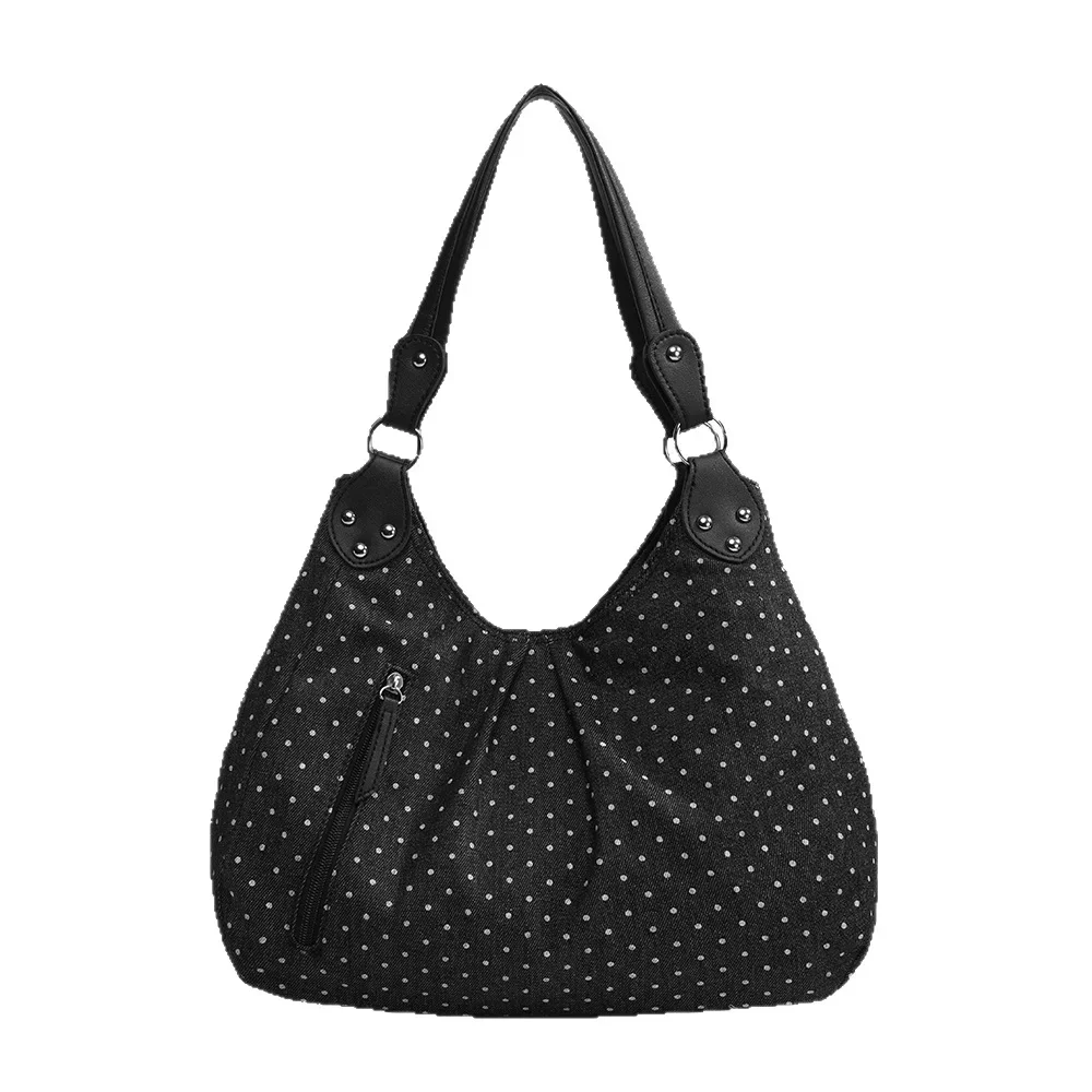 sac fourre tout rétro à pois pour femmes, sac à bandoulière de grande capacité, sac à main polyvalent à la mode de style coréen, matériau en toile