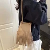 sac seau à pompons élégant rétro, grande capacité, sac en pu avec cordon de serrage, bouton magnétique, texture kaki, pochette à bandoulière pour shopping