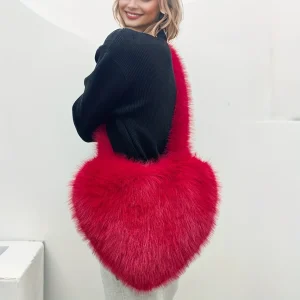 Sac à bandoulière en peluche Chic Heart – Style américain vintage, grande capacité, sac en fausse fourrure noire pour voyage et streetwear. Sac à bandoulière en peluche Chic Heart – Style américain vintage, grande capacité, sac en fausse fourrure noire pour voyage et streetwear.