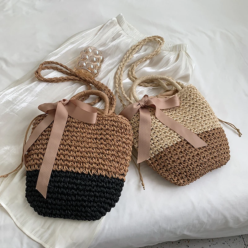 arc décors seau sacs à bandoulière à la main paille évider sac été femme voyage sac de plage sac à main vintage sacs à main bolsa