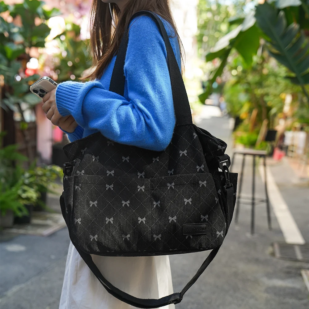 sac fourre tout style coréen ins, fourre tout imprimé complet avec nœud, sac de shopping léger, sac à bandoulière pour le travail quotidien