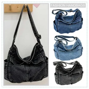 Sac messager vintage en denim de grande capacité pour femme, sacoche décontractée, sangle réglable, fourre-tout multifonction, sac Hobo chic, 03 Sac messager vintage en denim de grande capacité pour femme, sacoche décontractée, sangle réglable, fourre-tout multifonction, sac Hobo chic, 03