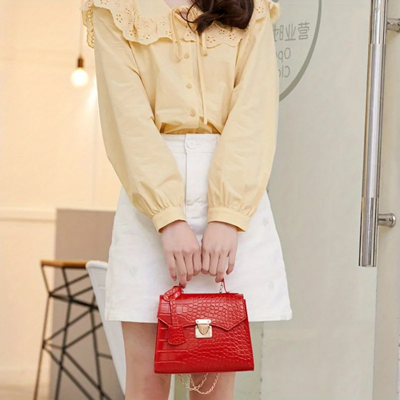 mini sac à main chic en relief crocodile pour femme, sac fourre tout design, sacs à main à fermeture à verrouillage torsadé, document solide