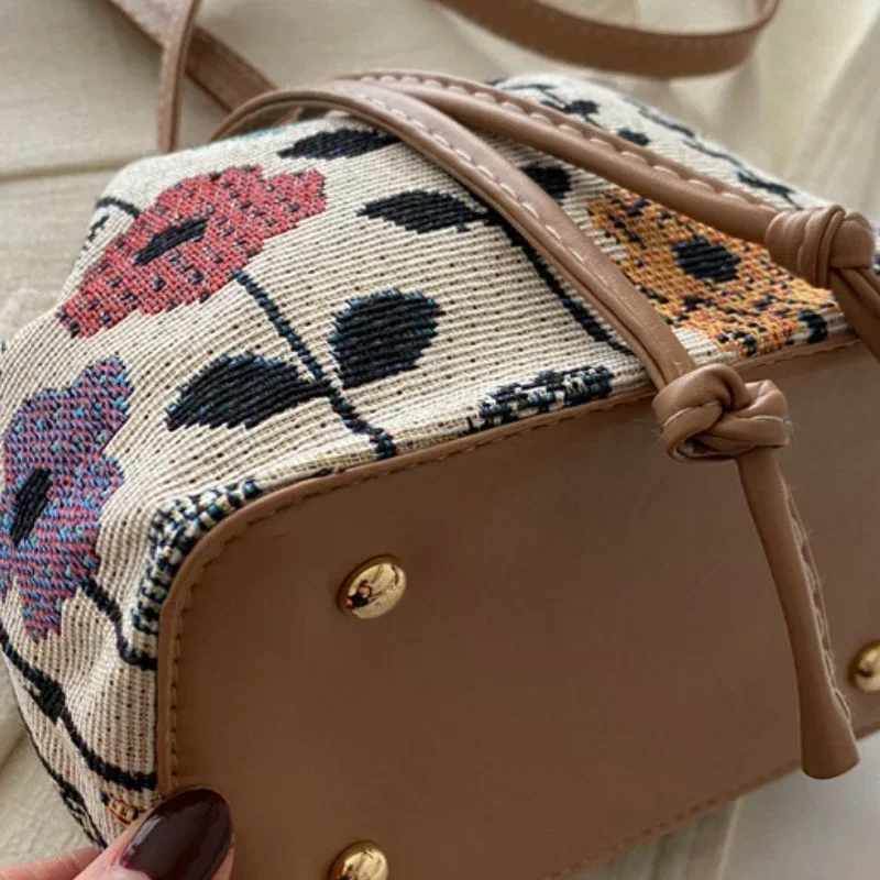 sac seau en tissu de lin pour femmes, sac à bandoulière de style ethnique floral, sac à bandoulière de luxe de styliste