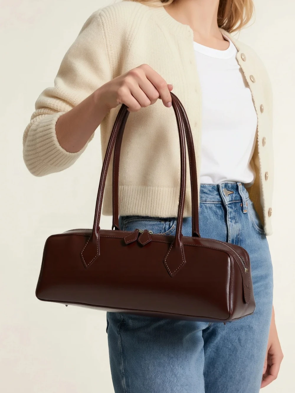 sac baguette coréen bordeaux pour femmes, sac à main sous les bras en cuir de vache véritable, grande capacité, sac à bandoulière vintage, 2025