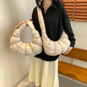 Sac à main matelassé en coton solide pour femme, plissé, nuage, boulette, rembourré, grande capacité, sac à bandoulière bouffant, initié, mode