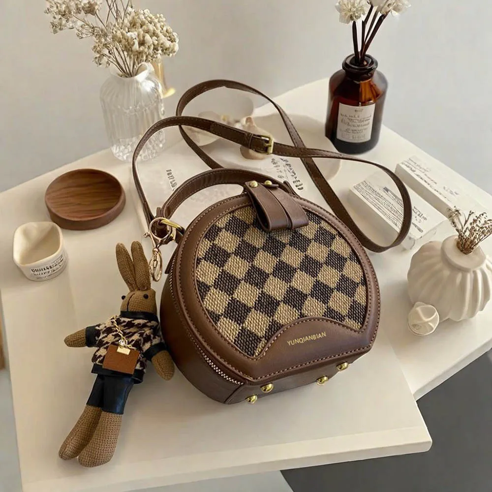 sac à main à bandoulière tendance à motif à carreaux de styliste chic, style décontracté, pu, forme ronde avec sangle réglable