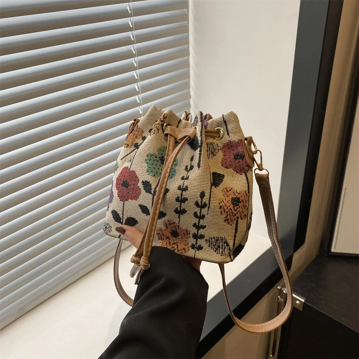 sac seau en tissu de lin pour femmes, sac à bandoulière de style ethnique floral, sac à bandoulière de luxe de styliste