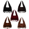 sac hobo à franges en faux daim, sac hobo à pompon de couleur unie, sac à bandoulière ample à grand nœud, léger pour filles et femmes, cadeaux d'anniversaire