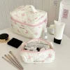 sac de maquillage matelassé en coton pour femmes, organisateur de cosmétiques à fermeture éclair, sac à main en tissu à fleurs avec nœud mignon, trousse de toilette portable pour filles