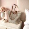 [chic handbag] sac à main tissé beige de grande capacité | sac à main chic en paille avec poignées marron, fermeture à glissière et doublure en polyester